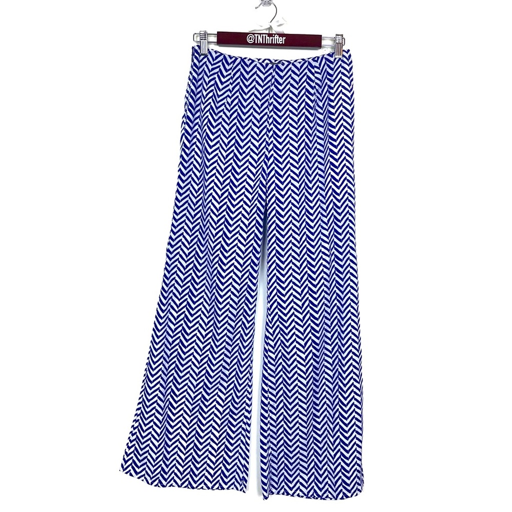 Umgee Womens Wide Leg Chevron Printed Lightweight Pants Sz Small Blue Boutique